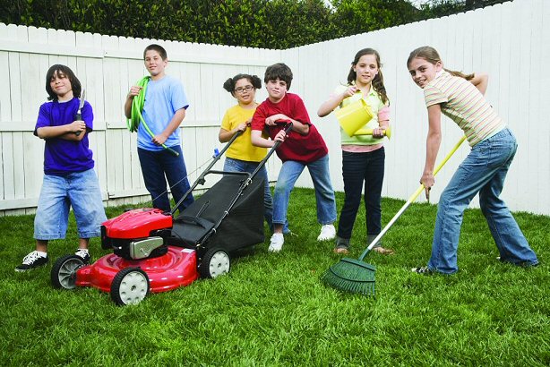 kids-working-mowing-raking-lawn the kingdom code- kid business- kid entrepreneur-homeschooling-Kids working - mowing and raking lawn